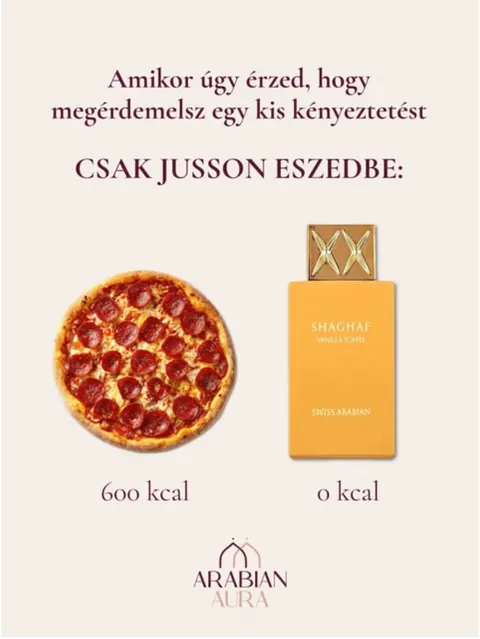 Arabian Aura Instagram: Humoros poszt: pizza 600 kcal, parfüm 0 kcal